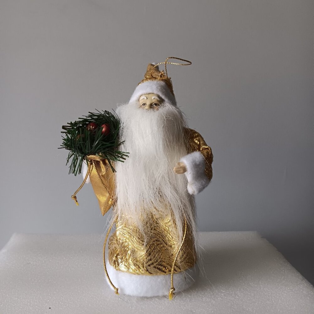 Saint Nicholas Christmas Tree Ornament Metallic Gold White 7" Tall Long Beard